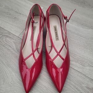 Zara Glossy Red Strappy Heels - EU 39, US 8-8.5